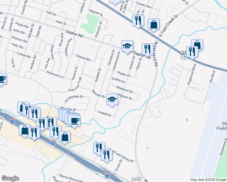 map of restaurants, bars, coffee shops, grocery stores, and more near 3703 Pilgram Drive in Killeen