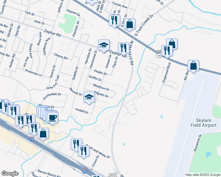 map of restaurants, bars, coffee shops, grocery stores, and more near 3911 Madison Drive in Killeen