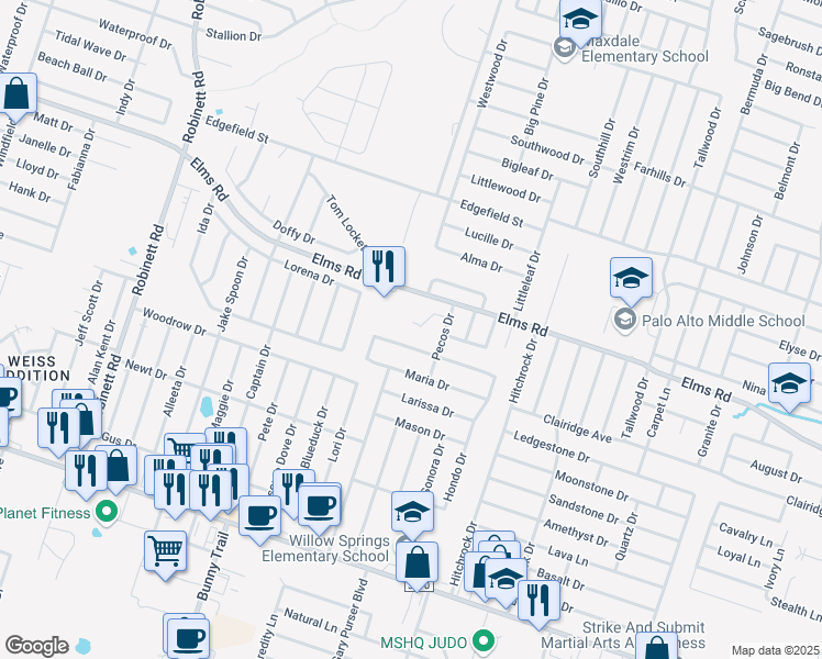 map of restaurants, bars, coffee shops, grocery stores, and more near 2804 Kerrville Court in Killeen