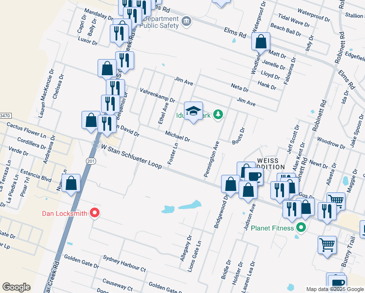 map of restaurants, bars, coffee shops, grocery stores, and more near 4705 John David Drive in Killeen