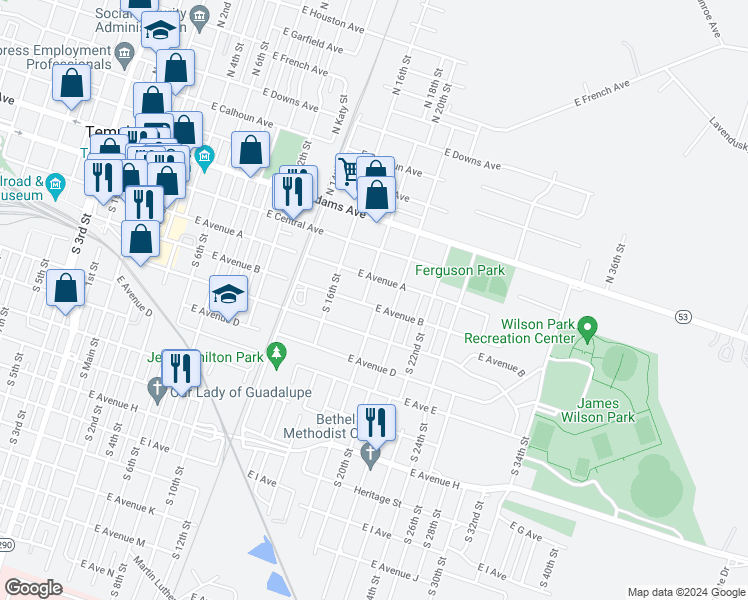 map of restaurants, bars, coffee shops, grocery stores, and more near 908 East Avenue B in Temple