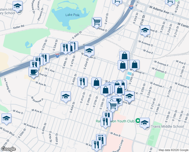 map of restaurants, bars, coffee shops, grocery stores, and more near 2004 West Avenue K in Temple