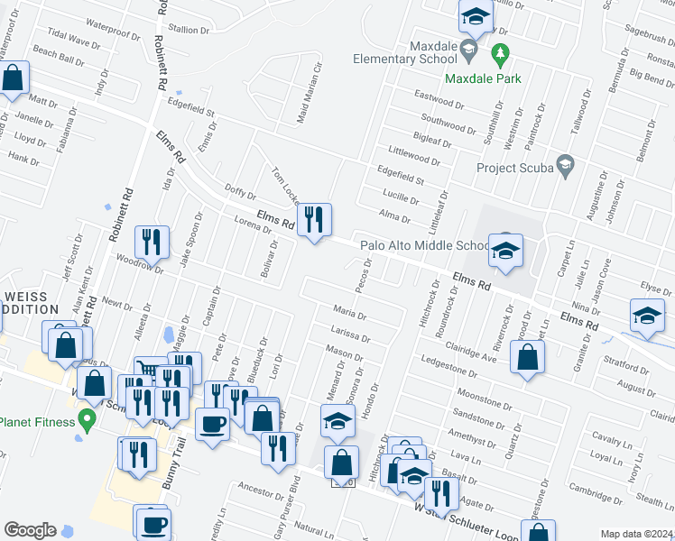 map of restaurants, bars, coffee shops, grocery stores, and more near 2806 Kerrville Court in Killeen
