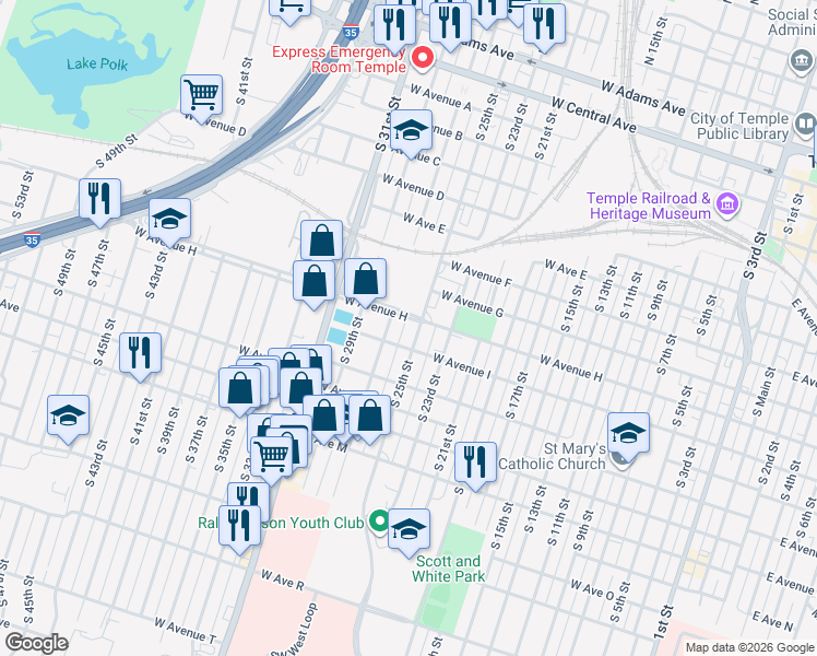 map of restaurants, bars, coffee shops, grocery stores, and more near 804 South 25th Street in Temple
