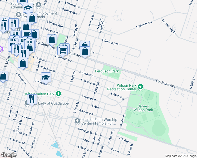 map of restaurants, bars, coffee shops, grocery stores, and more near 104 South 22nd Street in Temple
