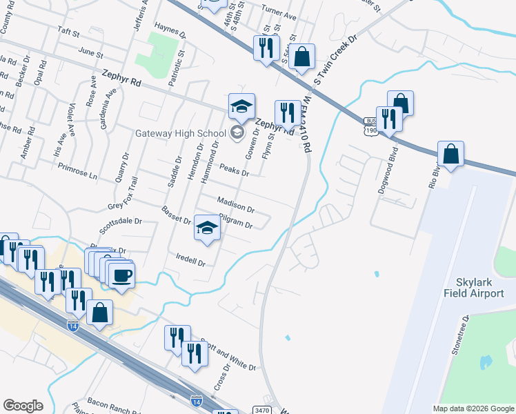 map of restaurants, bars, coffee shops, grocery stores, and more near 4001 Madison Drive in Killeen