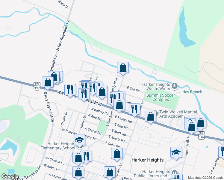 map of restaurants, bars, coffee shops, grocery stores, and more near 202 Randy Boulevard in Harker Heights