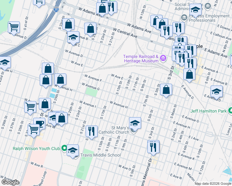 map of restaurants, bars, coffee shops, grocery stores, and more near 618 South 15th Street in Temple