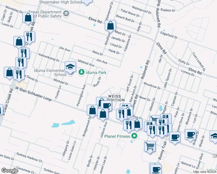 map of restaurants, bars, coffee shops, grocery stores, and more near 4401 Mattie Drive in Killeen