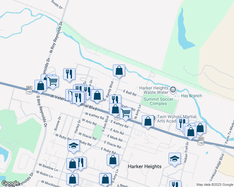 map of restaurants, bars, coffee shops, grocery stores, and more near 104 East Ball Road in Harker Heights