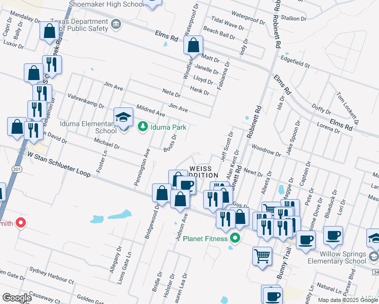 map of restaurants, bars, coffee shops, grocery stores, and more near 4307 Mattie Drive in Killeen