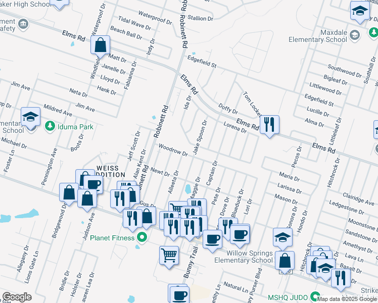 map of restaurants, bars, coffee shops, grocery stores, and more near 3507 Woodrow Drive in Killeen
