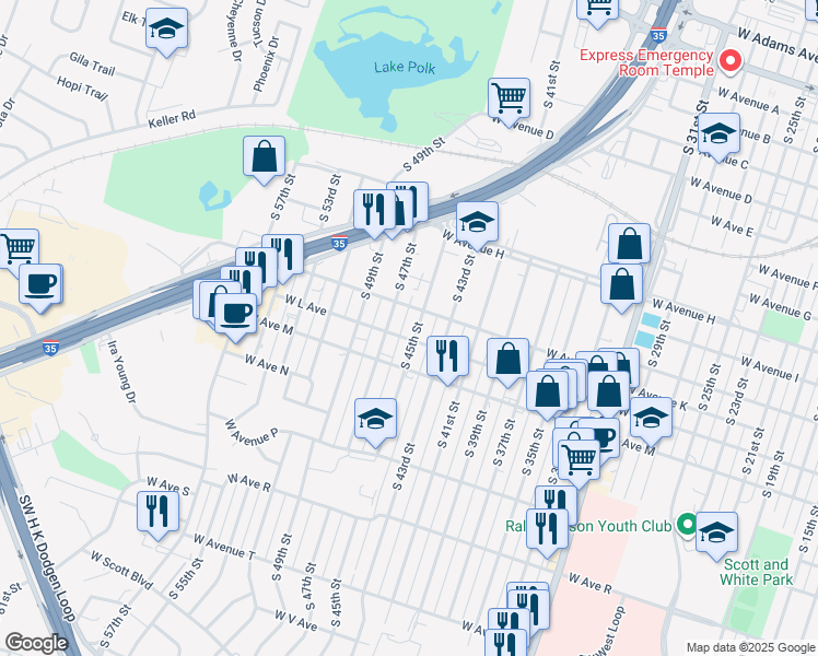 map of restaurants, bars, coffee shops, grocery stores, and more near 1116 S 45th St in Temple