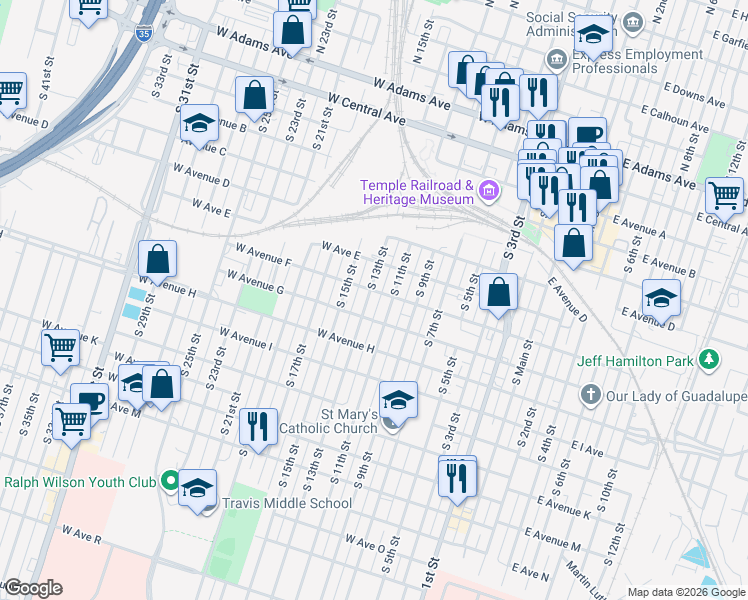 map of restaurants, bars, coffee shops, grocery stores, and more near 611 South 13th Street in Temple