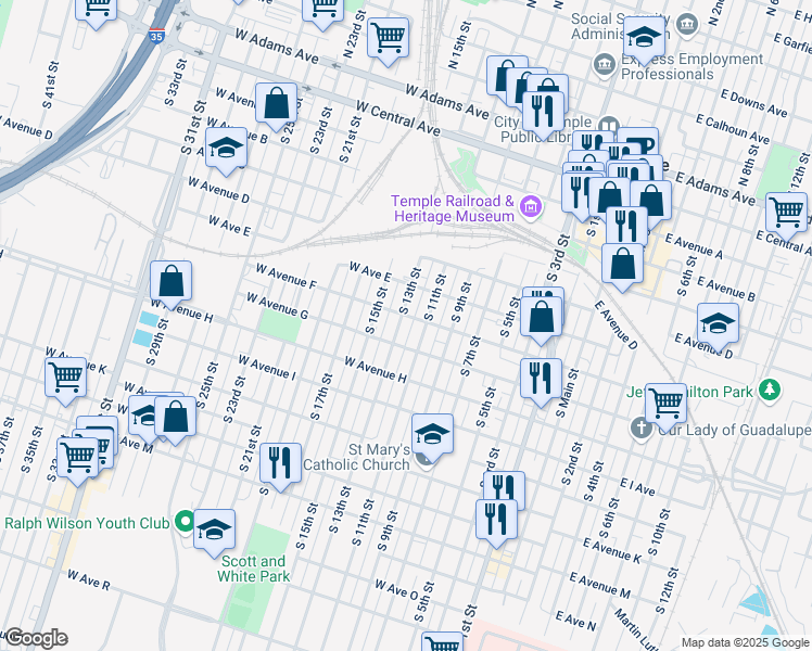 map of restaurants, bars, coffee shops, grocery stores, and more near 611 South 13th Street in Temple