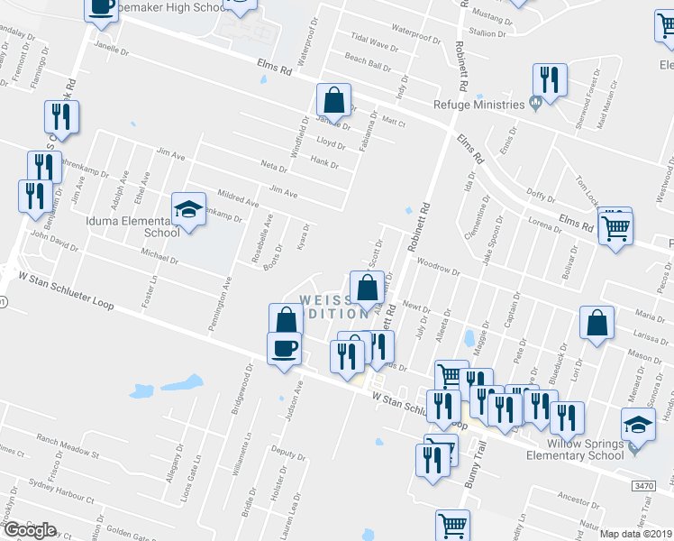 map of restaurants, bars, coffee shops, grocery stores, and more near 4302 Mattie Drive in Killeen