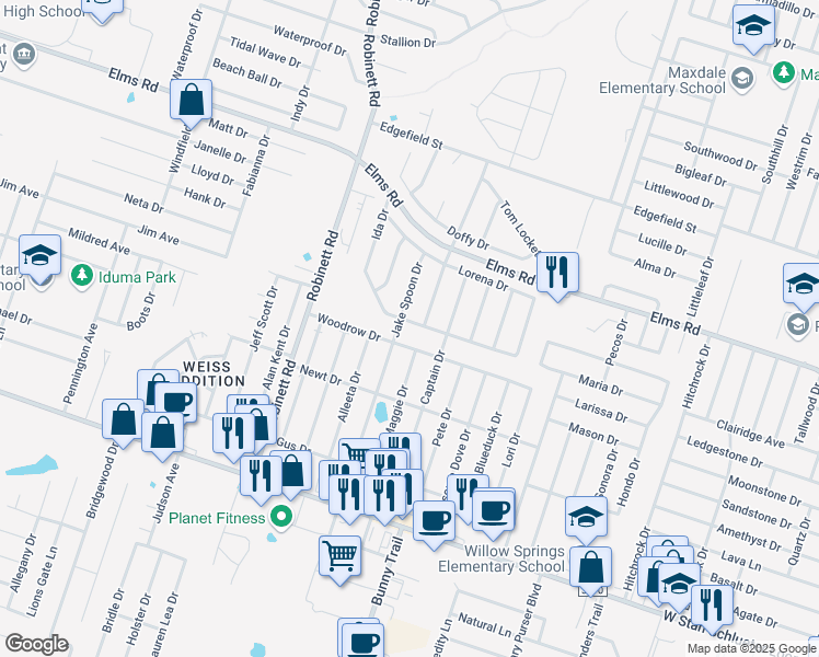 map of restaurants, bars, coffee shops, grocery stores, and more near 3507 Woodrow Drive in Killeen
