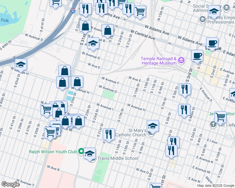 map of restaurants, bars, coffee shops, grocery stores, and more near 700 South 21st Street in Temple