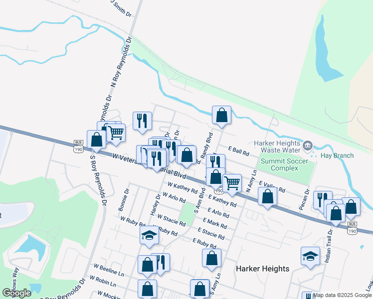 map of restaurants, bars, coffee shops, grocery stores, and more near 211 West Valley Road in Harker Heights
