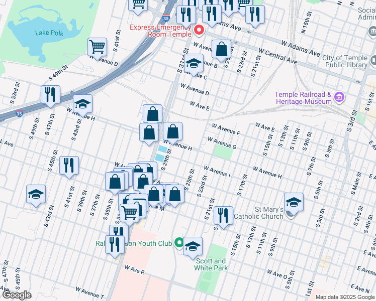 map of restaurants, bars, coffee shops, grocery stores, and more near 804 South 25th Street in Temple