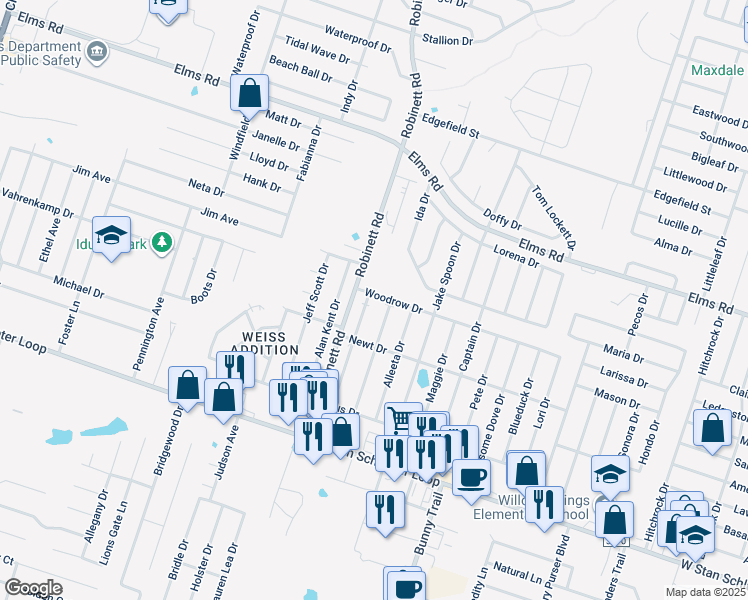 map of restaurants, bars, coffee shops, grocery stores, and more near 4202 Deek Drive in Killeen