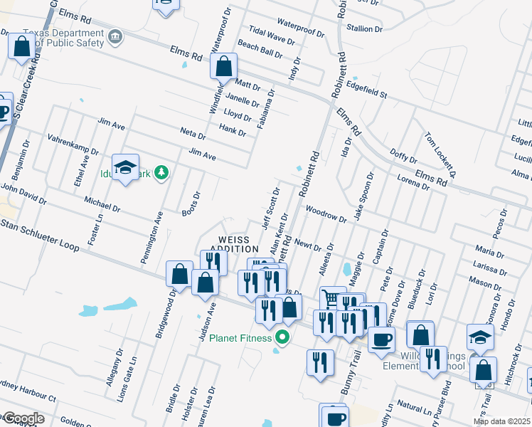 map of restaurants, bars, coffee shops, grocery stores, and more near 4001 Nadine Drive in Killeen