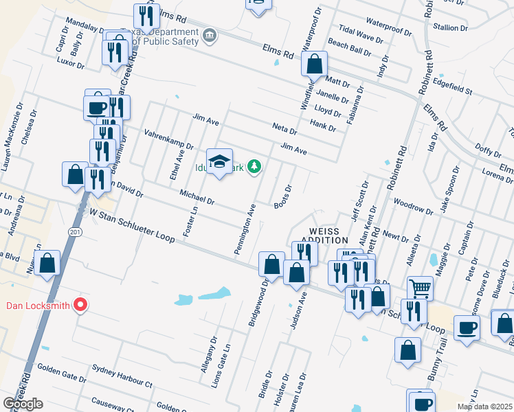map of restaurants, bars, coffee shops, grocery stores, and more near 4404 Pennington Avenue in Killeen
