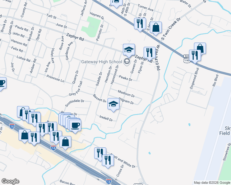 map of restaurants, bars, coffee shops, grocery stores, and more near 3703 Pilgram Drive in Killeen
