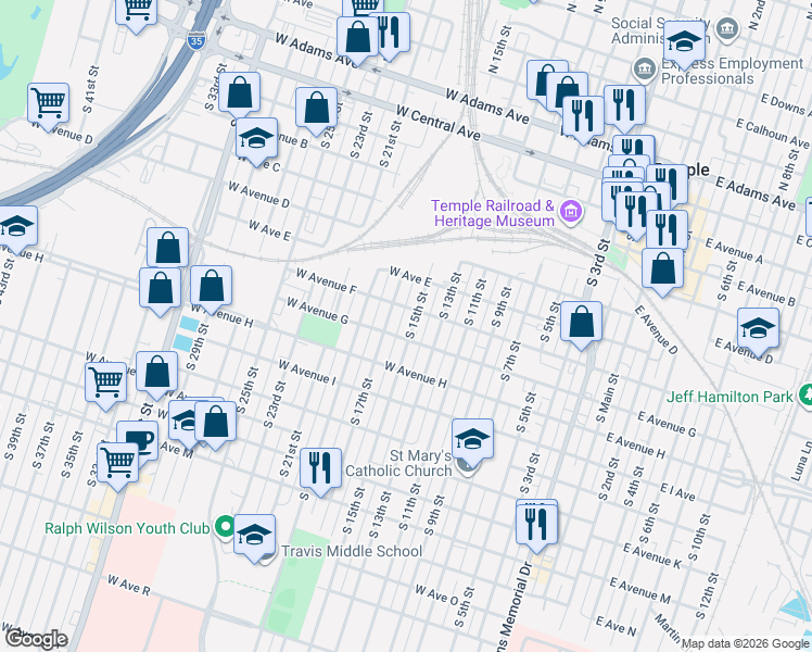 map of restaurants, bars, coffee shops, grocery stores, and more near 618 South 15th Street in Temple