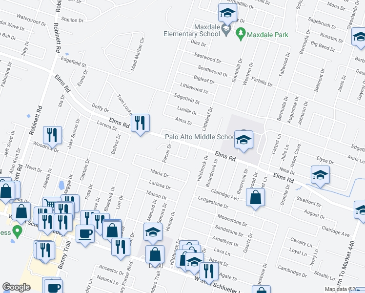 map of restaurants, bars, coffee shops, grocery stores, and more near 3800 Uvalde Drive in Killeen