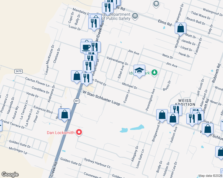 map of restaurants, bars, coffee shops, grocery stores, and more near 5000 John David Drive in Killeen