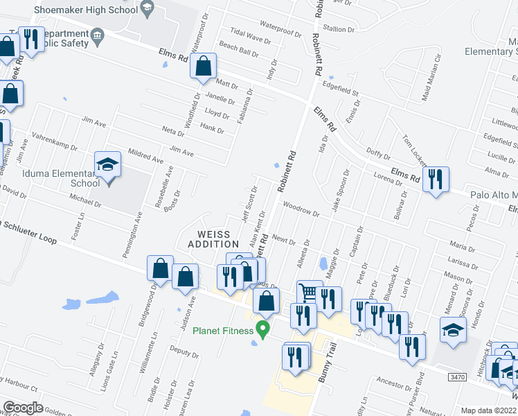 map of restaurants, bars, coffee shops, grocery stores, and more near 4203 Alan Kent Drive in Killeen