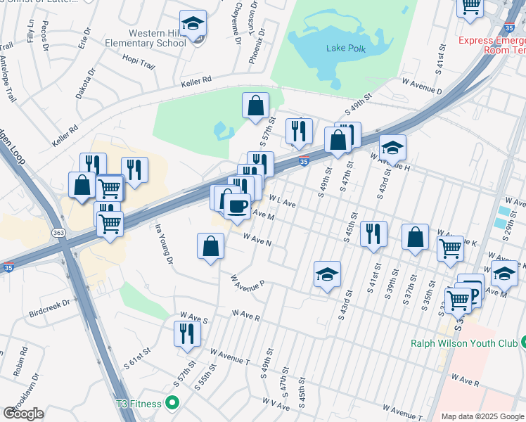 map of restaurants, bars, coffee shops, grocery stores, and more near 1305 South 55th Street in Temple