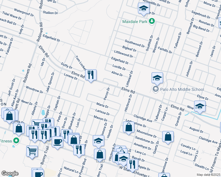map of restaurants, bars, coffee shops, grocery stores, and more near 3806 Pecos Drive in Killeen