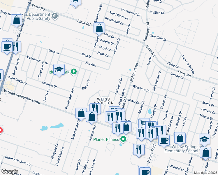 map of restaurants, bars, coffee shops, grocery stores, and more near 4302 Mattie Drive in Killeen