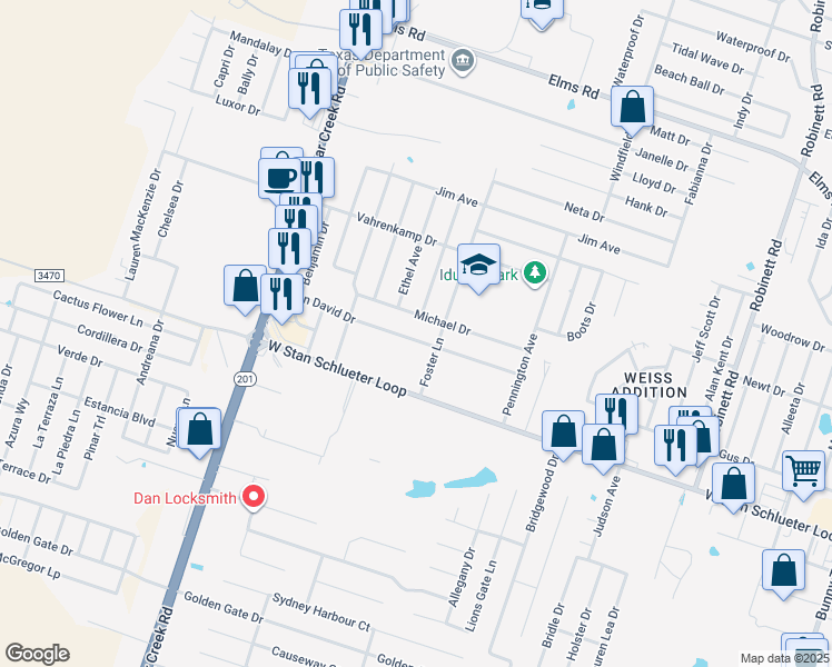 map of restaurants, bars, coffee shops, grocery stores, and more near 4804 John David Drive in Killeen