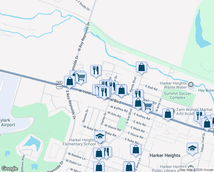 map of restaurants, bars, coffee shops, grocery stores, and more near 307 West Valley Road in Harker Heights