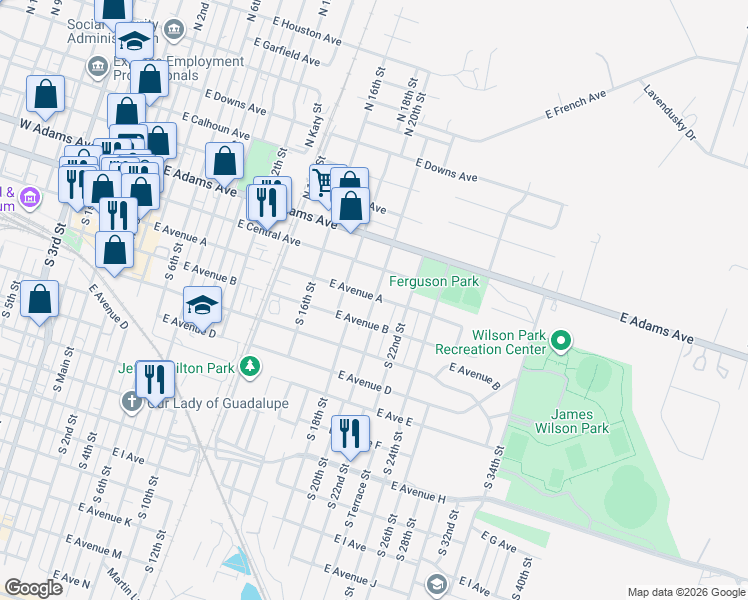 map of restaurants, bars, coffee shops, grocery stores, and more near 111 South 20th Street in Temple