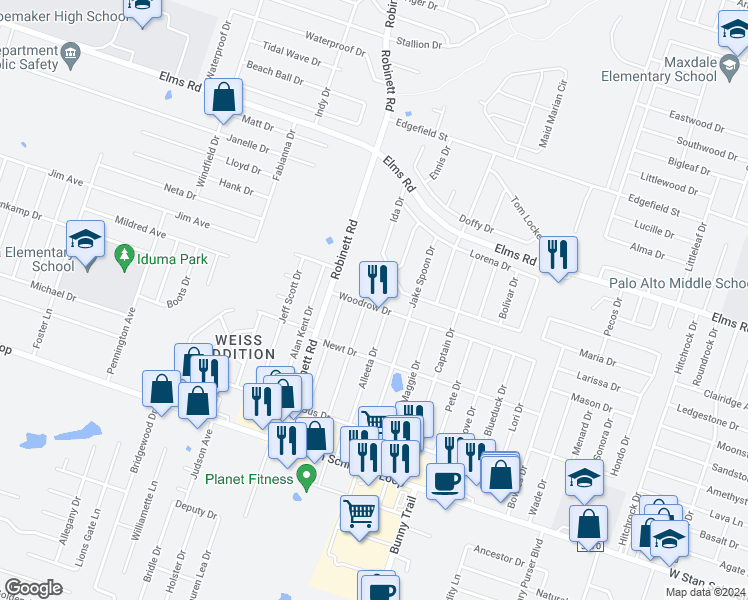 map of restaurants, bars, coffee shops, grocery stores, and more near 3703 Woodrow Drive in Killeen