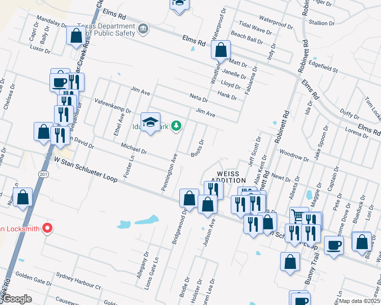 map of restaurants, bars, coffee shops, grocery stores, and more near 4402 Boots Drive in Killeen