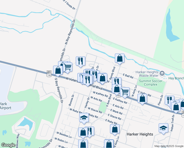 map of restaurants, bars, coffee shops, grocery stores, and more near 307 West Valley Road in Harker Heights