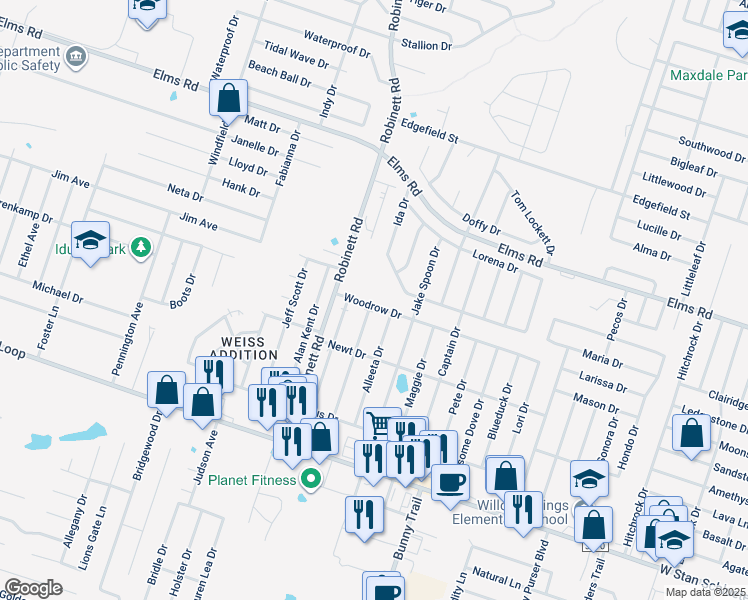 map of restaurants, bars, coffee shops, grocery stores, and more near 4201 Alleeta Drive in Killeen