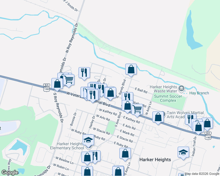 map of restaurants, bars, coffee shops, grocery stores, and more near 211 West Valley Road in Harker Heights