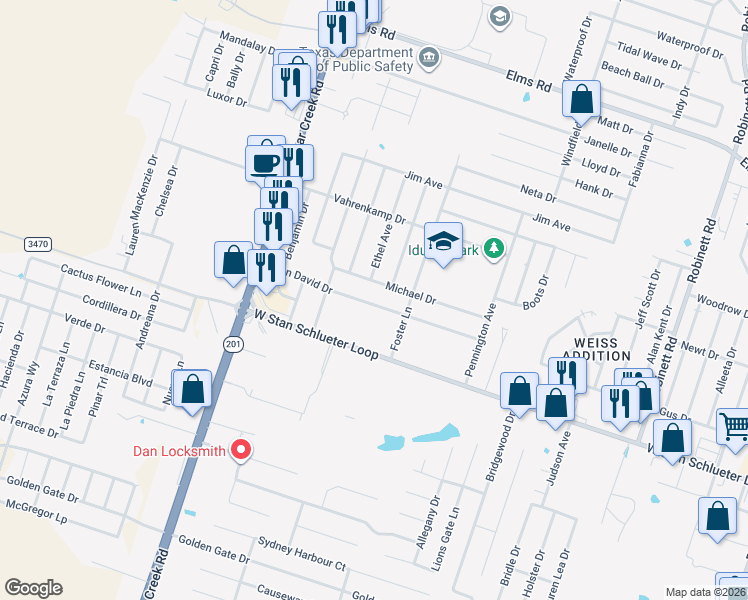map of restaurants, bars, coffee shops, grocery stores, and more near 4804 John David Drive in Killeen