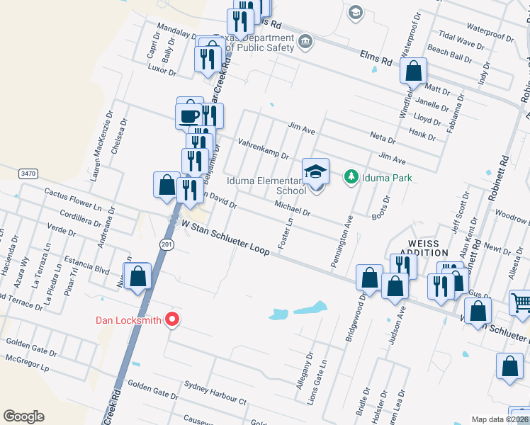 map of restaurants, bars, coffee shops, grocery stores, and more near 4804 John David Drive in Killeen