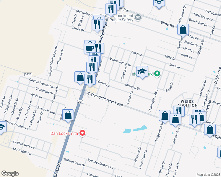 map of restaurants, bars, coffee shops, grocery stores, and more near 5006 John David Drive in Killeen