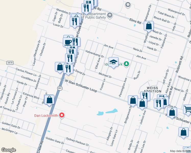 map of restaurants, bars, coffee shops, grocery stores, and more near 4804 John David Drive in Killeen