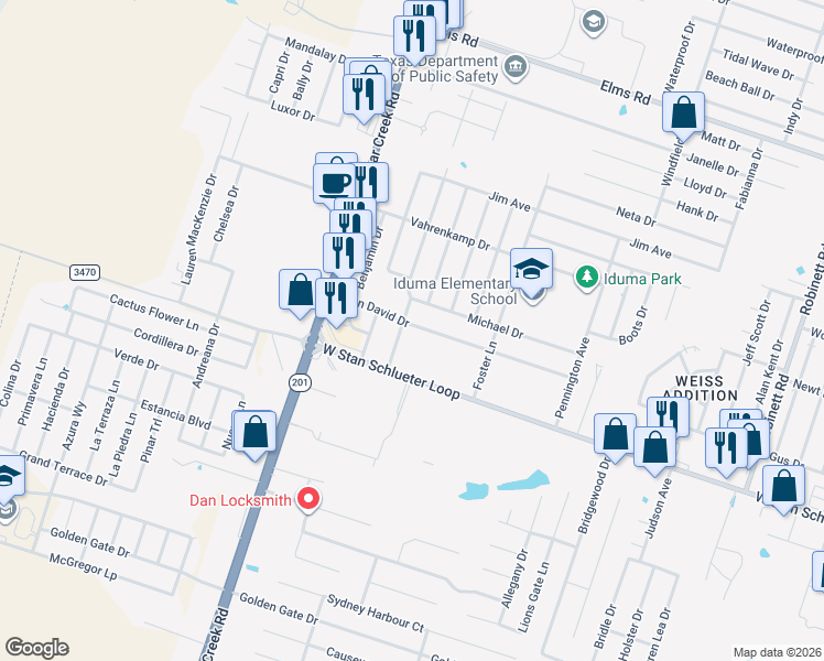 map of restaurants, bars, coffee shops, grocery stores, and more near 5006 John David Drive in Killeen