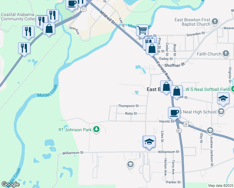 map of restaurants, bars, coffee shops, grocery stores, and more near 212 Simmons Street in Brewton