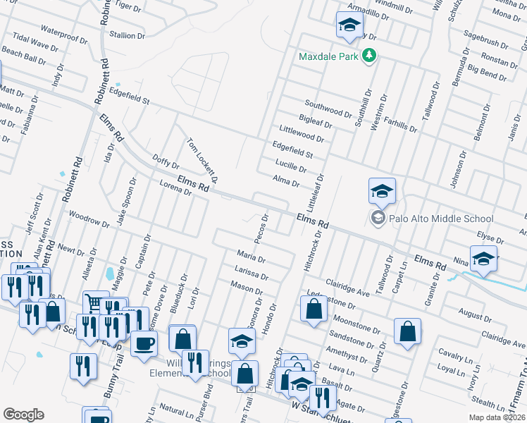 map of restaurants, bars, coffee shops, grocery stores, and more near 2801 Kerrville Court in Killeen